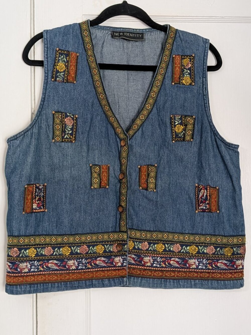 New Identity Women's XL Denim Button Up Vest Embroidered Patchwork Boho Western